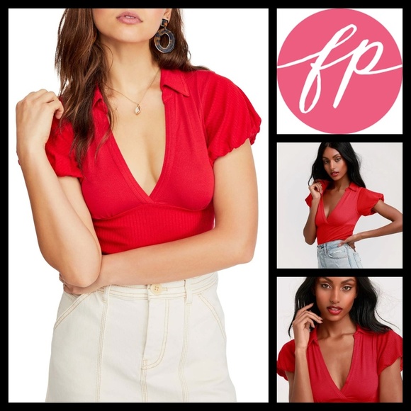 Free People Tops - FP Free People Cherry Red Molly Collared Tee S NWT